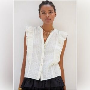 Anthropologie Pilcro Ruffled Buttondown Blouse White Cotton Metallic Thread Sz M